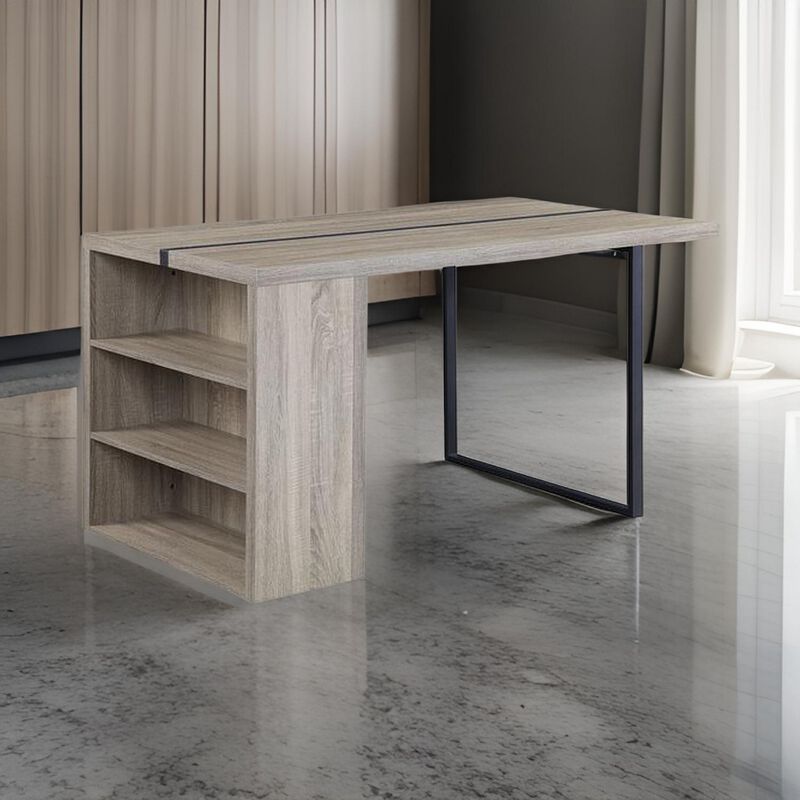 Dining Table with 3 Side Open Compartments and Metal Trim Inlay, Oak Gray-Benzara