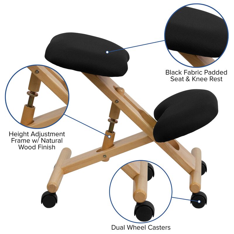 Flash Furniture Posey Mobile Wooden Ergonomic Kneeling Office Chair in Black Fabric