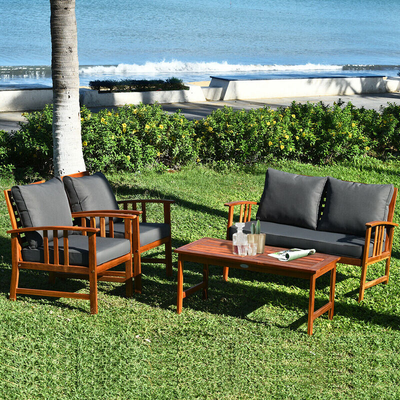 4 Pieces Wooden Patio Furniture Set Table Sofa Chair Cushioned Garden