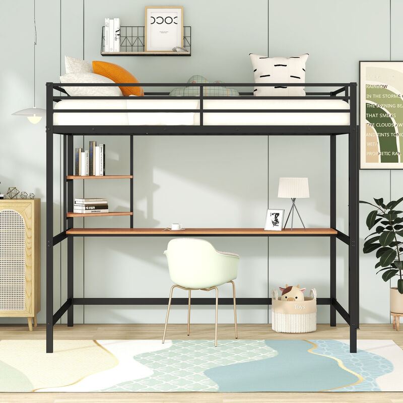 Full Metal Loft Bed With Desk And Shelves
