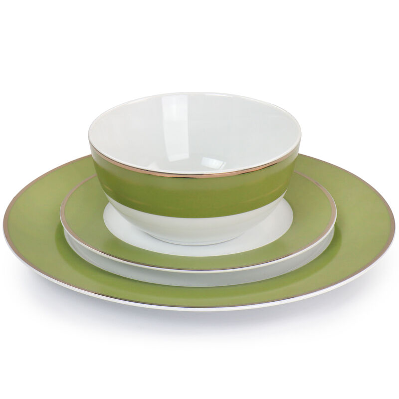 Martha Stewart Gold Rimmed 12 Piece Fine Ceramic Dinnerware Set in Green
