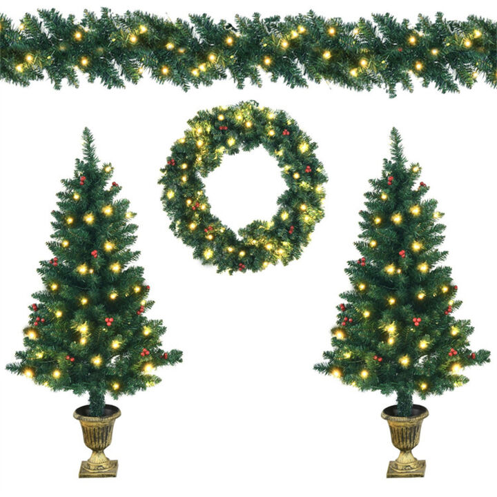4-Piece Christmas Decoration Set with Pre-Lit Wreath, Garland, and Entrance Trees