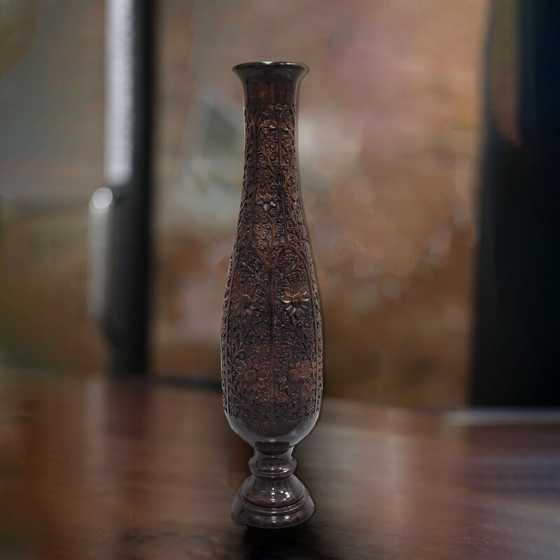 Antique Decorative Hand Curved Brown Mango Wood Floor Flower Vase Trumpet Design with Unique Textured Pattern, 36 Inch