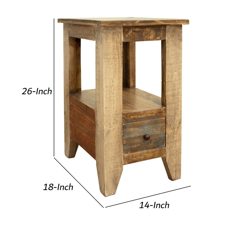 Fena 26 Inch Narrow End Table, Open Shelf, Multicolor Distress Pine Wood-Benzara