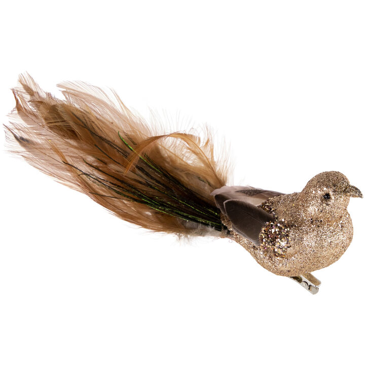 8" Gold Glitter Embellished Clip On Bird With Feathers Christmas Ornament