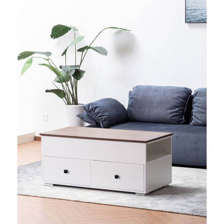 Luna White Coffee Table With Brown Walnut Finish Lift Top, 2 Drawers, And 2 Shelves