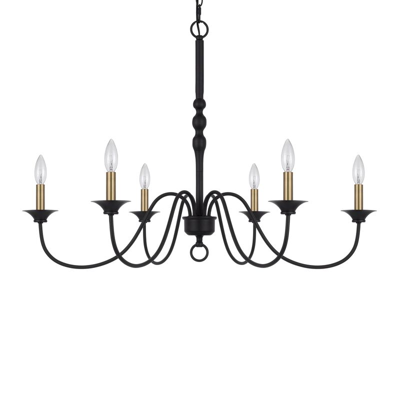 Rino 36 Inch Chandelier, Brass Candelabra Sleeve Accents, Black Metal - Benzara