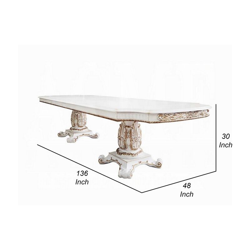 Antoine Dining Table, Carved Double Pedestal, 94-136 Inch, Pearl White - Benzara