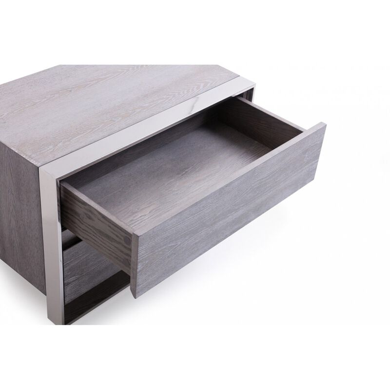 2 Drawer Rectangular Nightstand with Stainless Steel Legs, Gray-Benzara