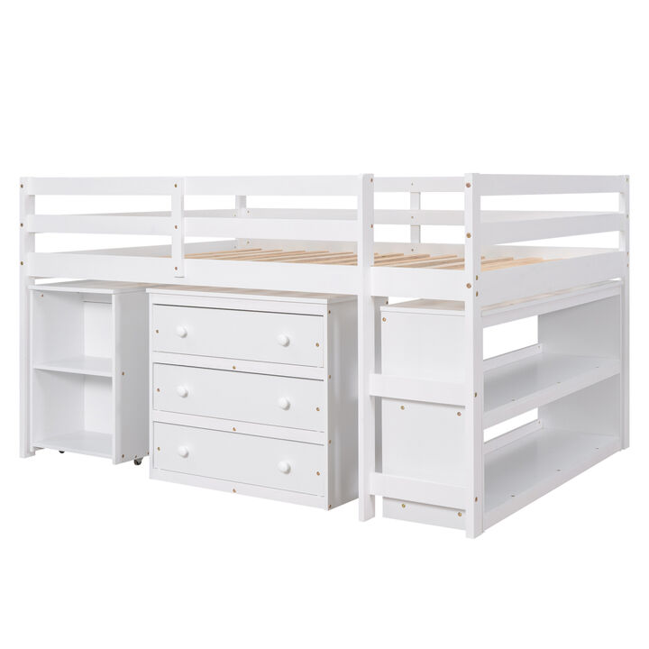 Low Study Full Loft Bed With Cabinet, Shelves And Rolling Portable Desk, Multiple Functions