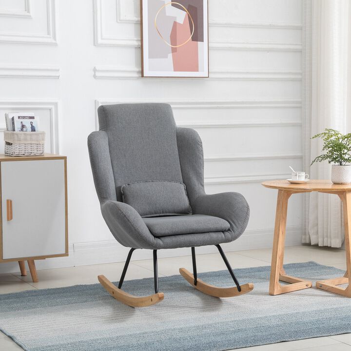 Light Grey Modern Rocker: Fabric Armchair with Removable Lumbar Pillow