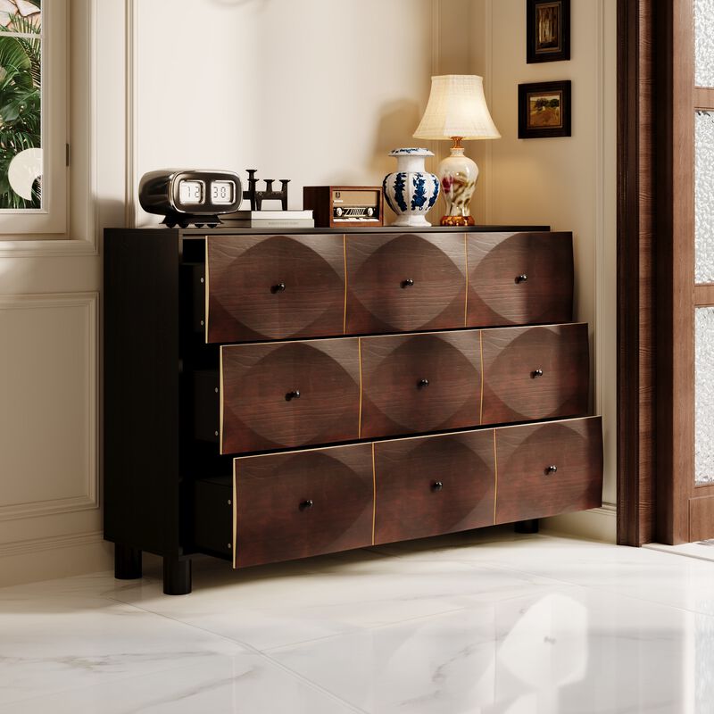 FUFU&GAGA Modern Dark Brown 9-Drawer Buffet Cabinet, Stylish Storage for Dining Room or Kitchen (59"W x 40.6"H x 15.2"D), Dark Brown