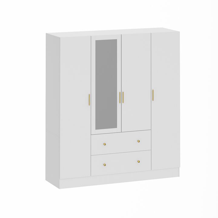 White 4-Door Armoires with Mirror, 2 Hanging Rods, 2-Drawers and Storage Shelves (19.7 in. D x 63 in. W x 70.9 in. H)