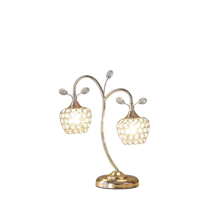 Floral Tree Design Metal Table Lamp with Dome Shade and Crystals, Gold-Benzara