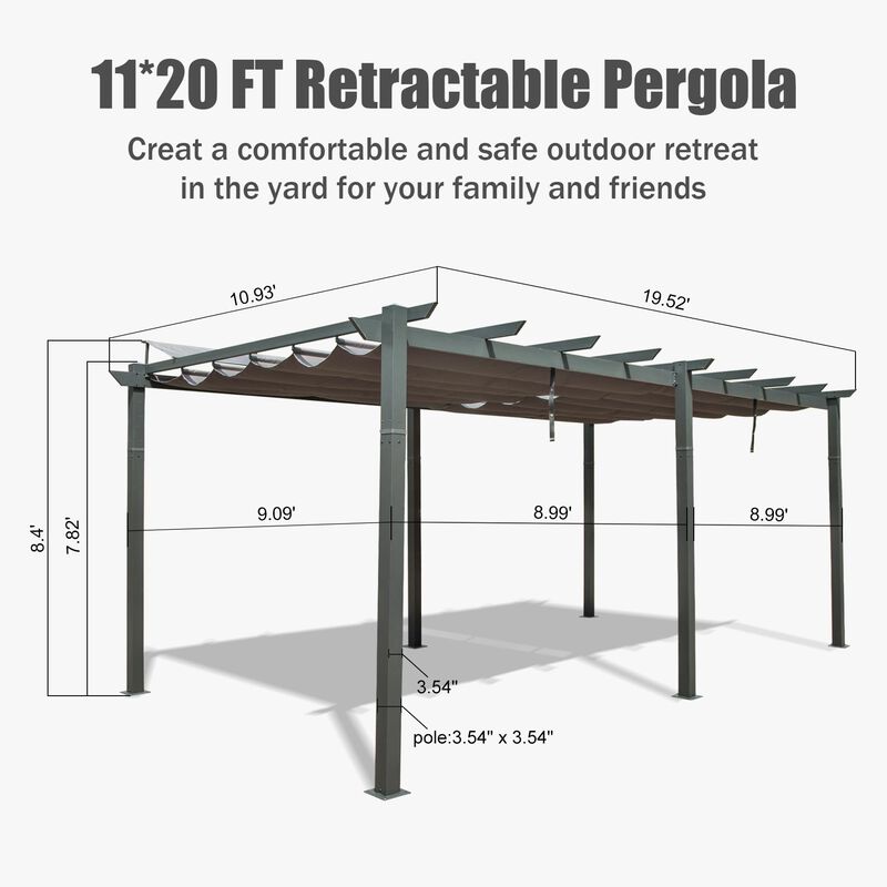 Mondawe 11x20Ft Outdoor Retractable Pergola,Rust-rResistant Aluminum Frame,Adjustable,Easy Assembly