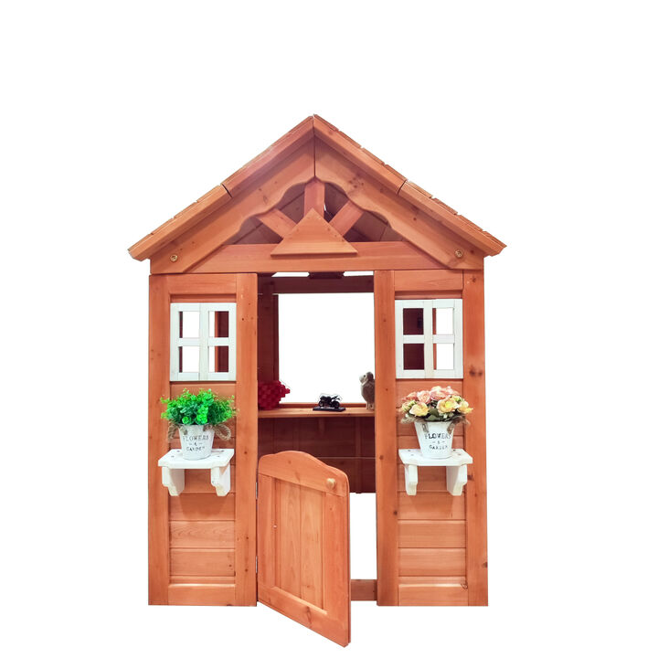 All Wooden Kids Playhouse With 2 Windows And Flower Pot Holder, 42"L x 46"W x 55" H