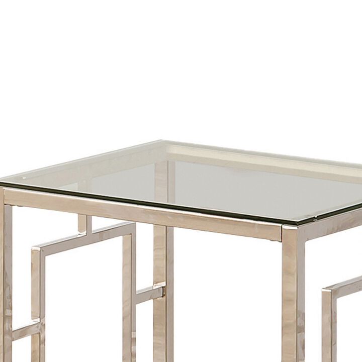 Tempered Glass Top End Table with Lattice Cut Out Panels, Silver and Clear-Benzara