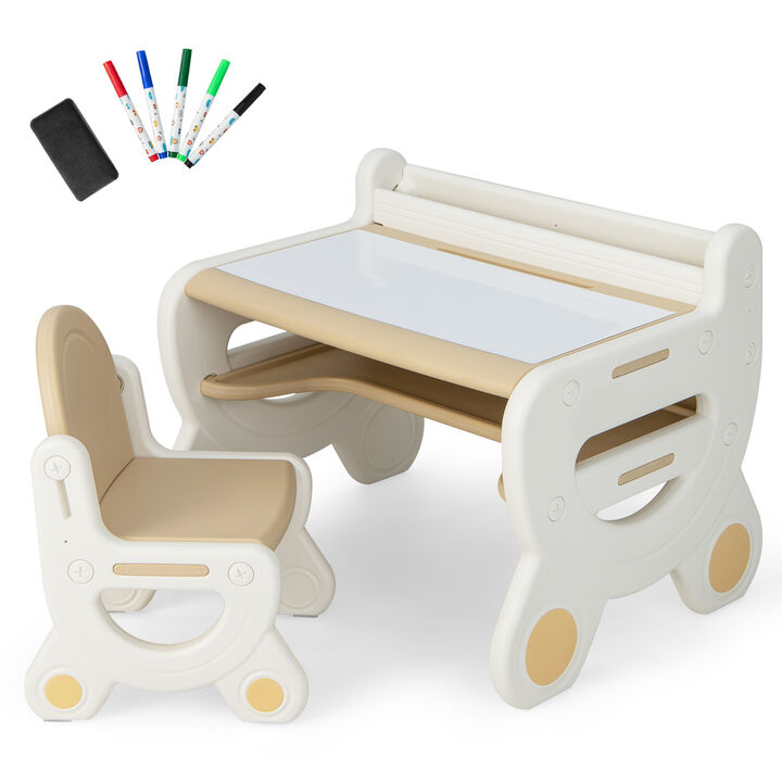 Kids Drawing Table and Chair Set with Watercolor Pens, Blackboard, and Eraser – Creative Art Station