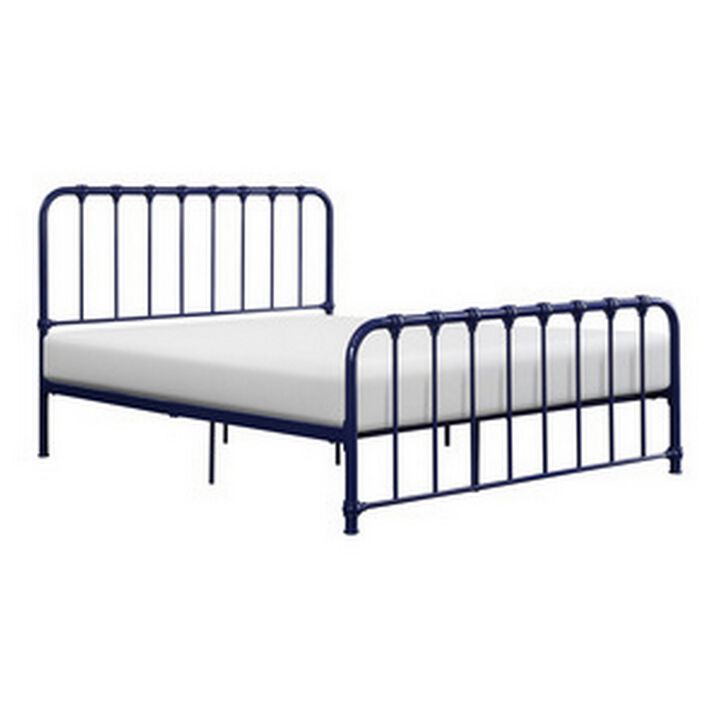 Ethan Queen Size Bed, Classic Open Slatted Metal Frame Design, Blue - Benzara