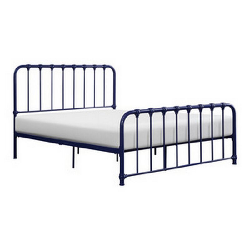 Ethan Queen Size Bed, Classic Open Slatted Metal Frame Design, Blue - Benzara
