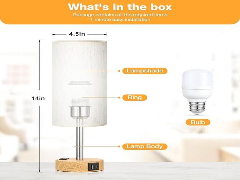 3-Way Dimmable Touch Bedside Lamp with USB-C, AC Outlet, Wood Base & LED Bulb