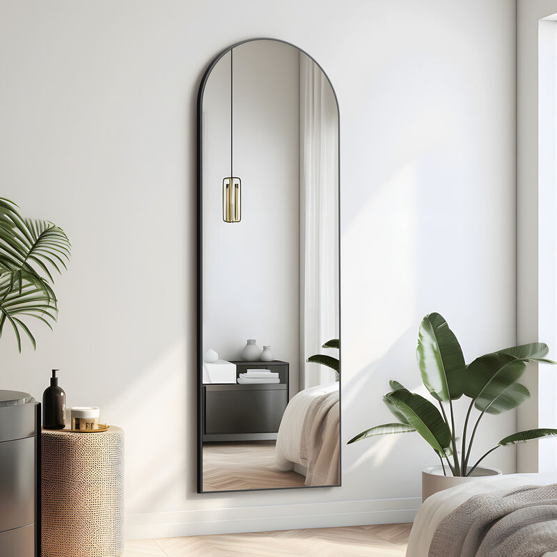 71*24in Arched Black Rectangle Wood Framed Full-length Mirror with Stand