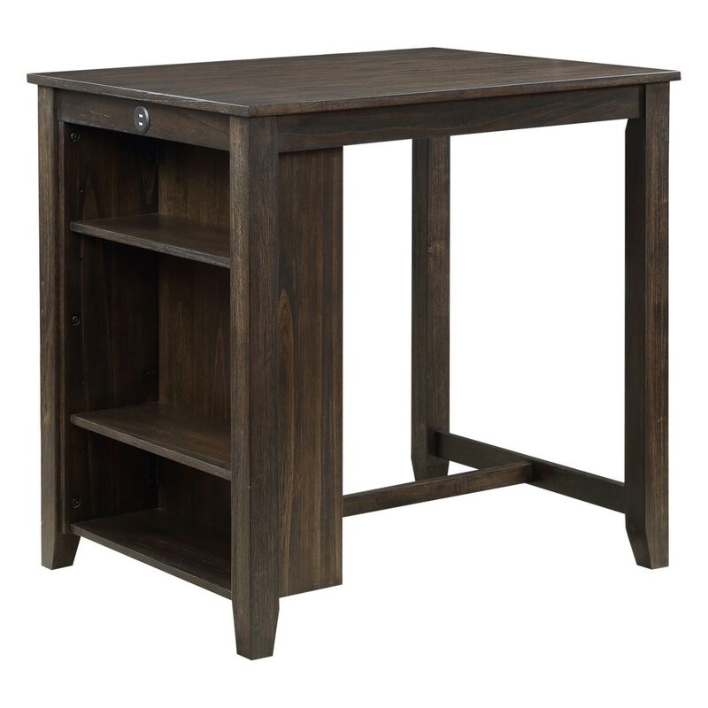 Wooden 3 Piece Counter Set with USB Plugin and Panel Back Chair, Brown - Benzara