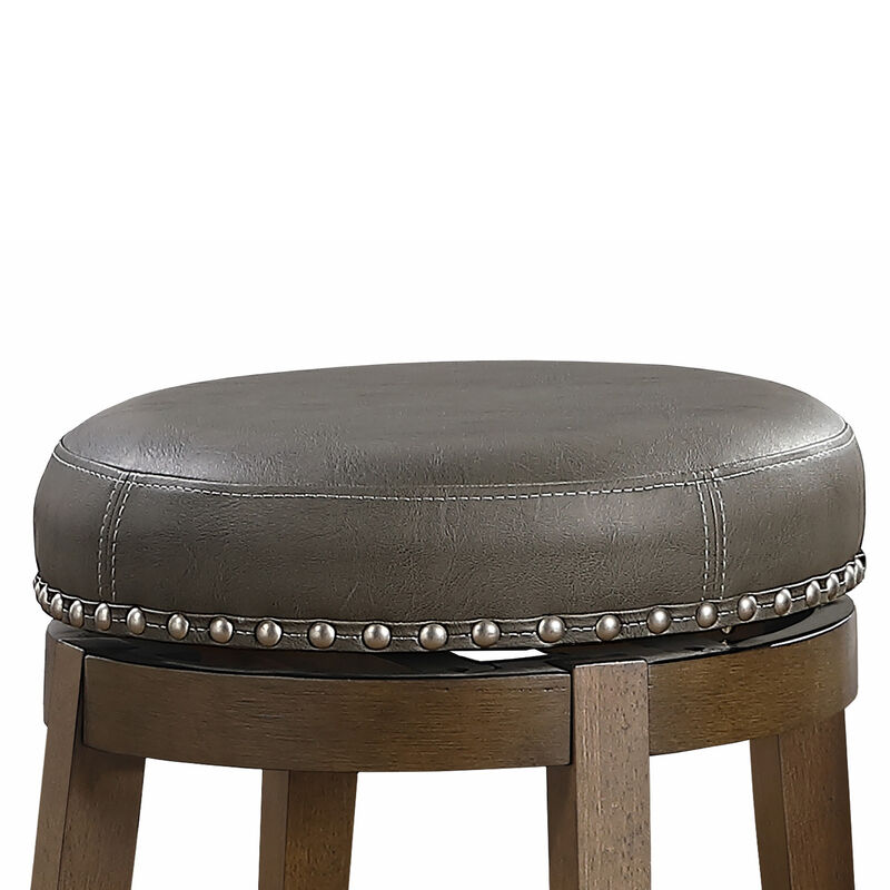 Bara 20 Inch Swivel Dining Stool, Gray Round Faux Leather, Set of 2, Brown - Benzara