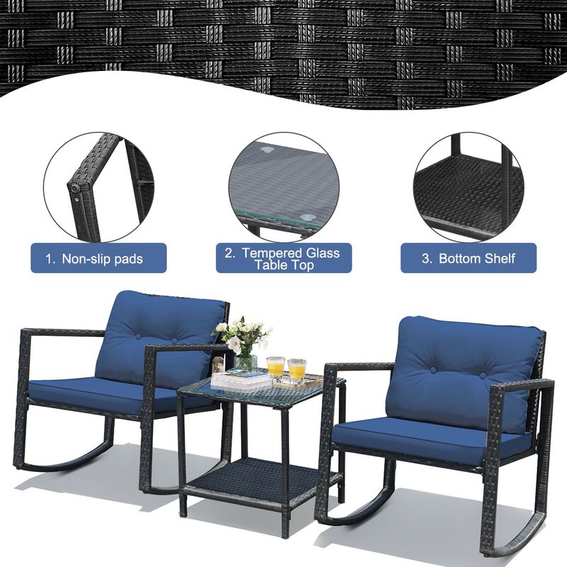 3 Pieces Cushioned Patio Rattan Set with Rocking Chair and Table