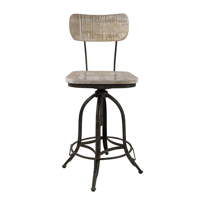 Carolina Living Mason Adjustable Barstool - Natural Driftwood Seat - Aged Iron Base