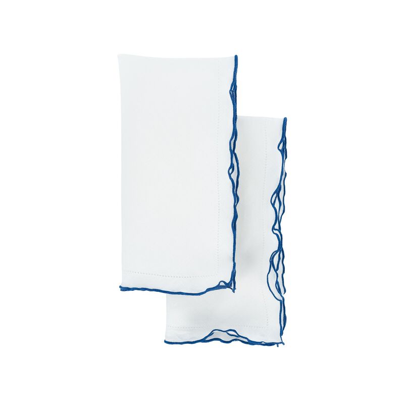 Linen Napkins With Navy Ruffled Hemstitch Edges, Set of 4