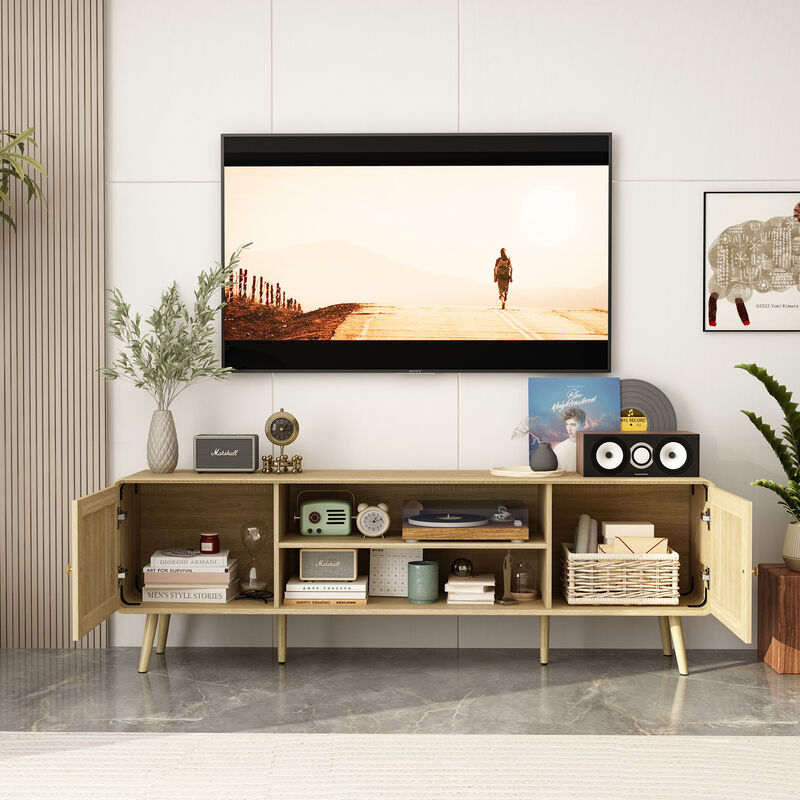 FUFU&GAGA Modern Rattan TV Stand with Storage Cabinets & Shelves, Gold Accents (70.9" W x 13.9" D x 23.2" H),Natural Wood Finish