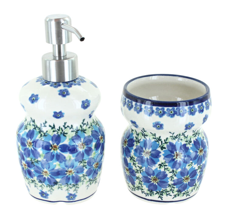 Blue Rose Polish Pottery Kalina Soap Dispenser and Bathroom Cup