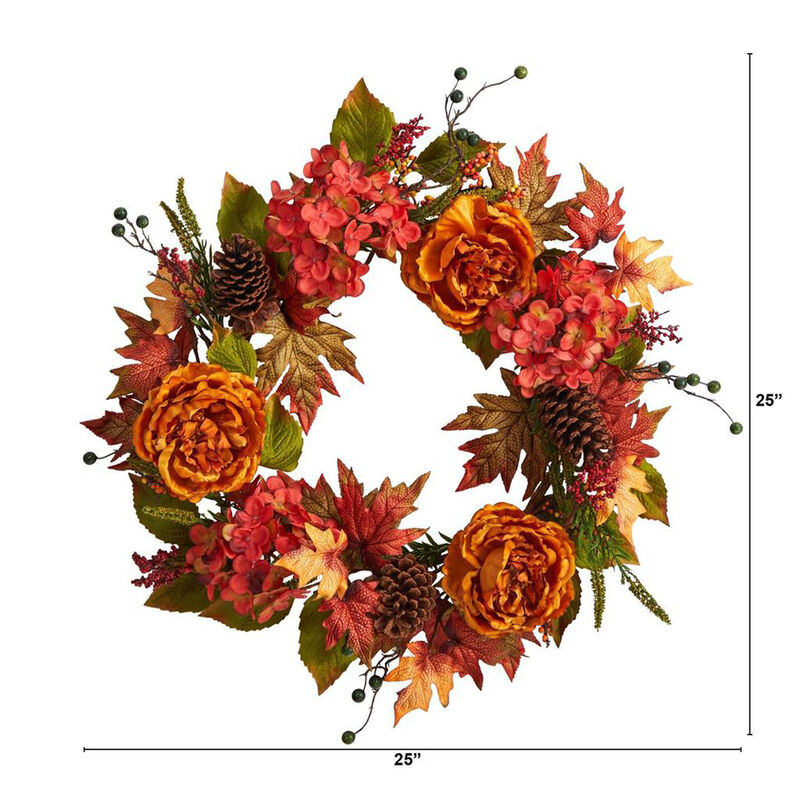 Nearly Natural 25-in Fall Ranunculus, Hydrangea and Berries Autumn Artificial Wreath