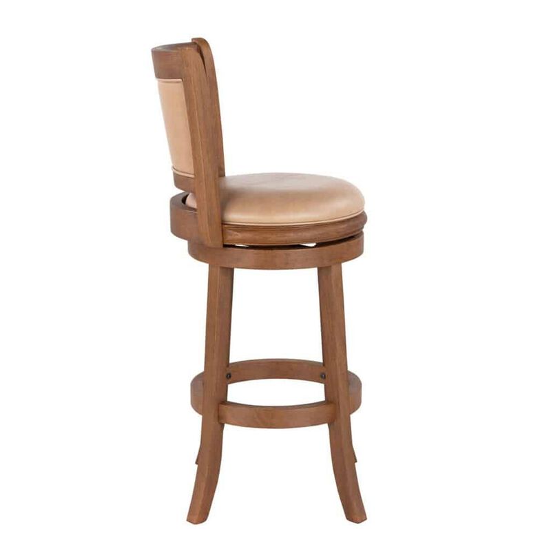 Haley 30 Inch Swivel Barstool Chair, Chestnut Brown Wood, Faux Leather - Benzara