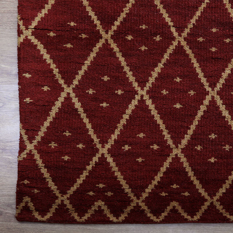 HAND KNOTTED WOOL Geometric AREA RUGS  - 10'x14', Rectangle Shape, Red Gold Color, Geometric Modern, Medium Pile Handmade Area Rugs for Living Room, Bed Room (N01118)