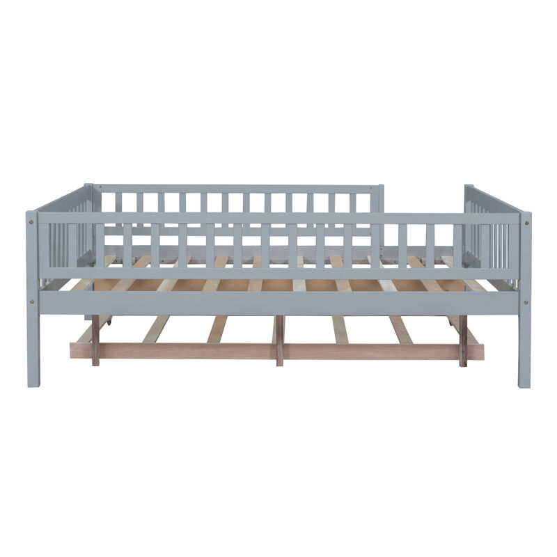 Full Size Wood Daybed With Trundle And Fence Guardrails