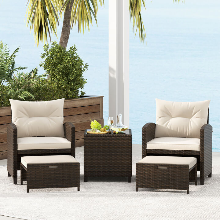 5 Pieces Patio Rattan Furniture with 2 Ottomans and Tempered Glass Coffee Table