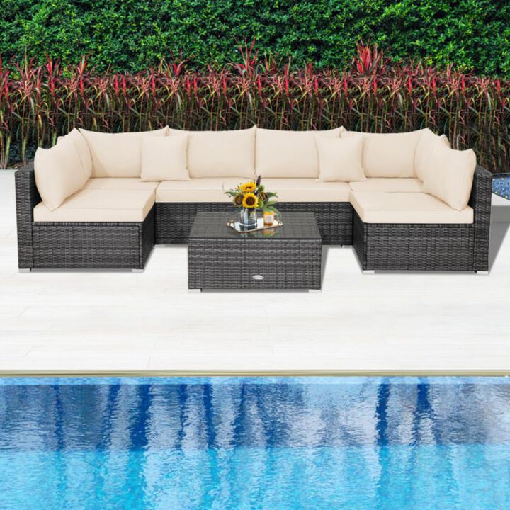 Hivvago 7 Pieces Patio Rattan Furniture Set with Sectional Sofa Cushioned