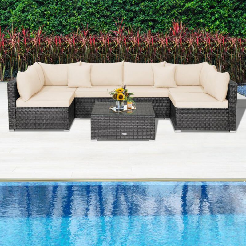 Hivvago 7 Pieces Patio Rattan Furniture Set with Sectional Sofa Cushioned