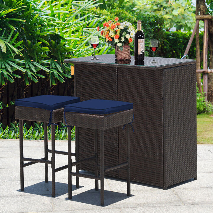 3PCS Patio Rattan Wicker Bar Table Stools Dining Set