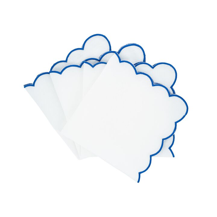 Blue Scalloped Linen Napkins, Set of 4