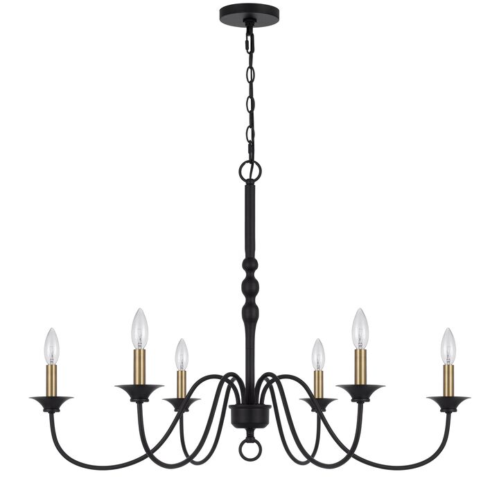 Rino 36 Inch Chandelier, Brass Candelabra Sleeve Accents, Black Metal - Benzara