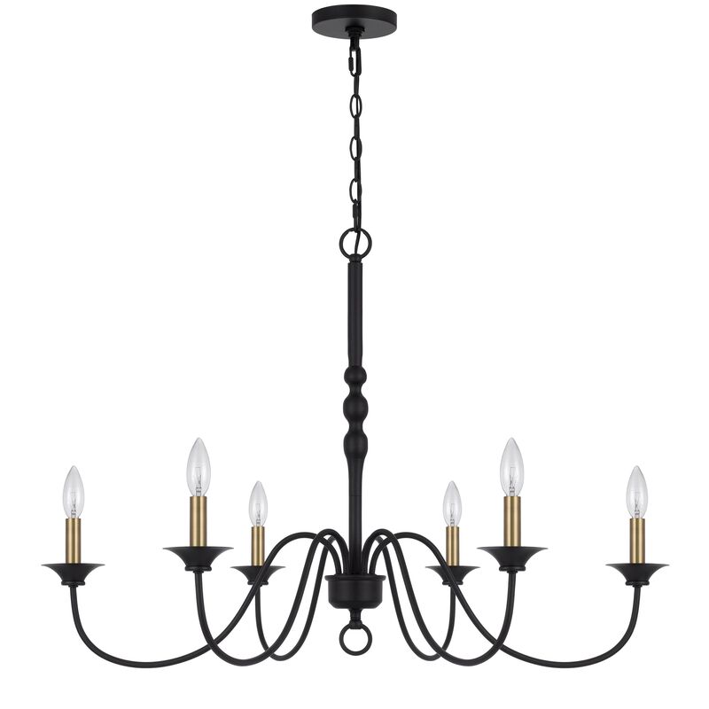 Rino 36 Inch Chandelier, Brass Candelabra Sleeve Accents, Black Metal - Benzara