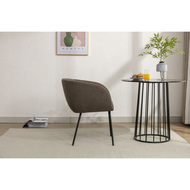 Set Of 1 Boucle Fabric Dining Chair With Black Metal Legs, Dark Brown