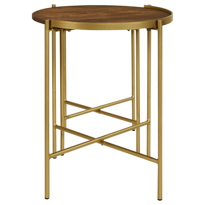 2 Piece Round Nesting Tables, Gold Iron, Modern Mango Wood, Warm Brown - Benzara