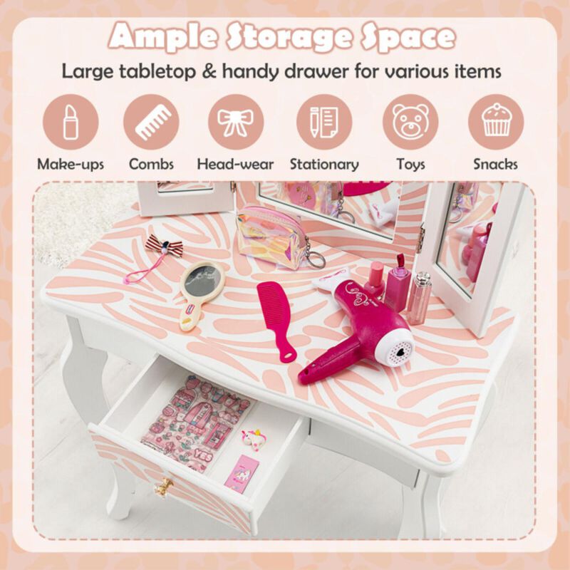 Hivvago 2-in-1 Kids Vanity Table Set with Tri-folding Mirror-Pink