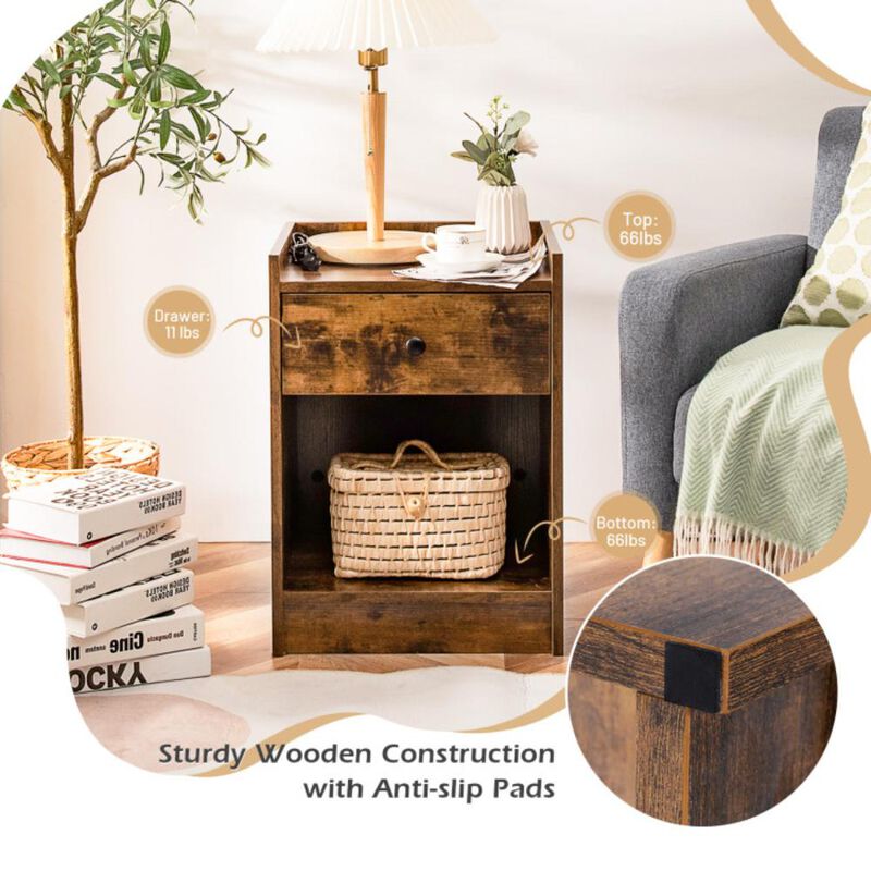 Hivvago Set of 2 Nightstand with Drawer Cabinet End Side Table Raised Top