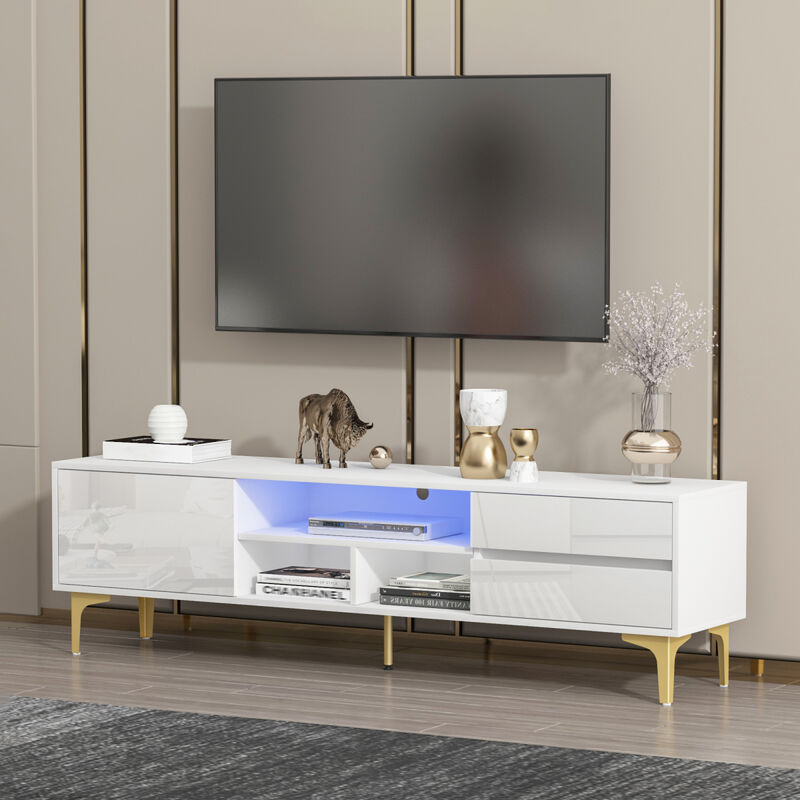 White TV stand with LED lights and gold legs