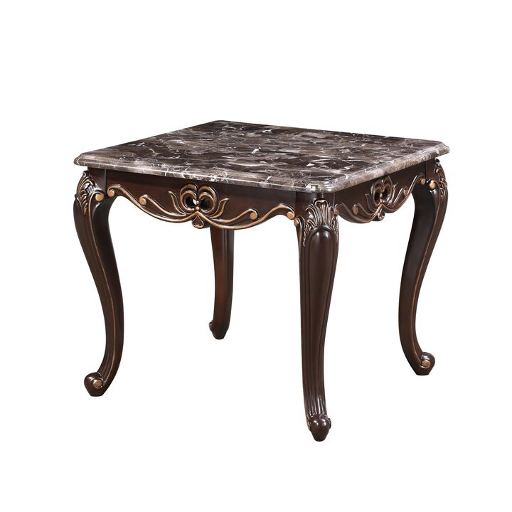 Cona 28 Inch Side End Table, Carved Gold Accents, Cherry Brown, Gray White - Benzara